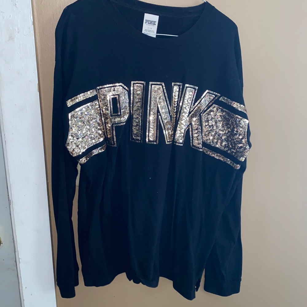 Victoria Secret PINK Long Sleeve Gold Sequin Black T-Shirt Size L
